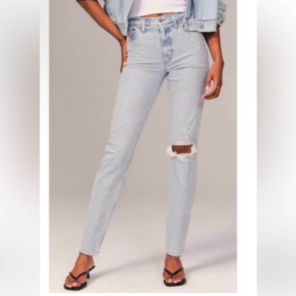 Abercrombie & Fitch The Mom High Rise Distressed Light Wash Straight Leg Jean's